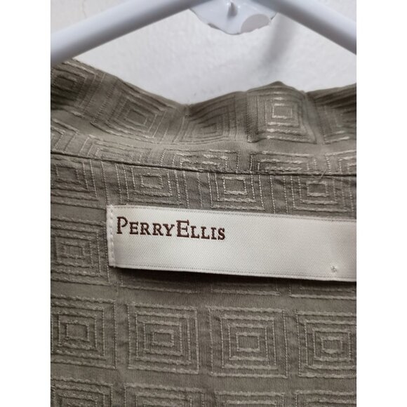 Perry Ellis Mens Hawaiian Shirt Large Olive Green Textured Silk Button Up Resort - Picture 4 of 8
